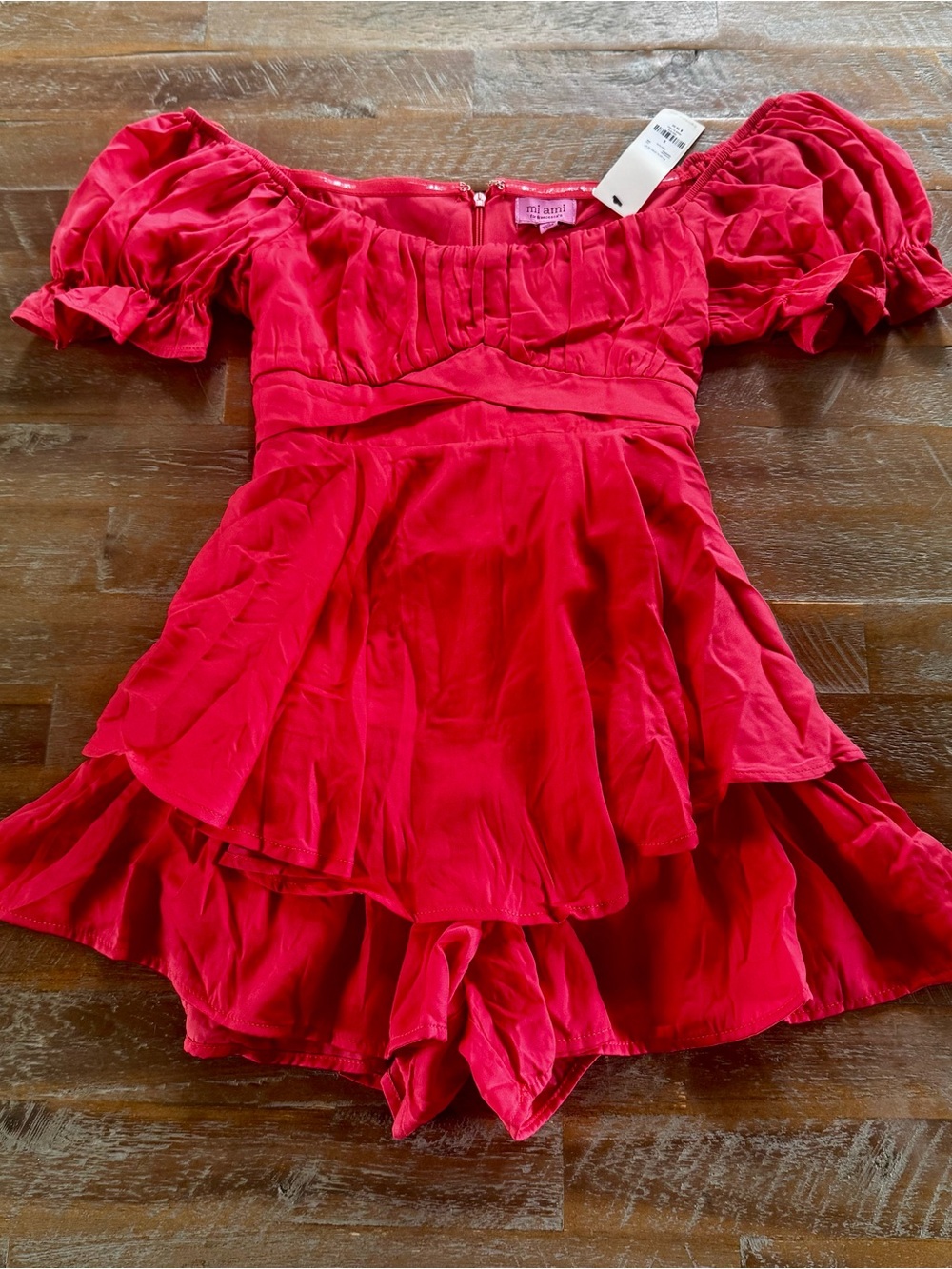 miami Red Off-Shoulder Tiered Romper with Puff Sleeves